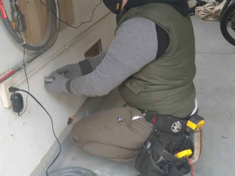 Electrician performing outlet wiring in a Dodgeville garage